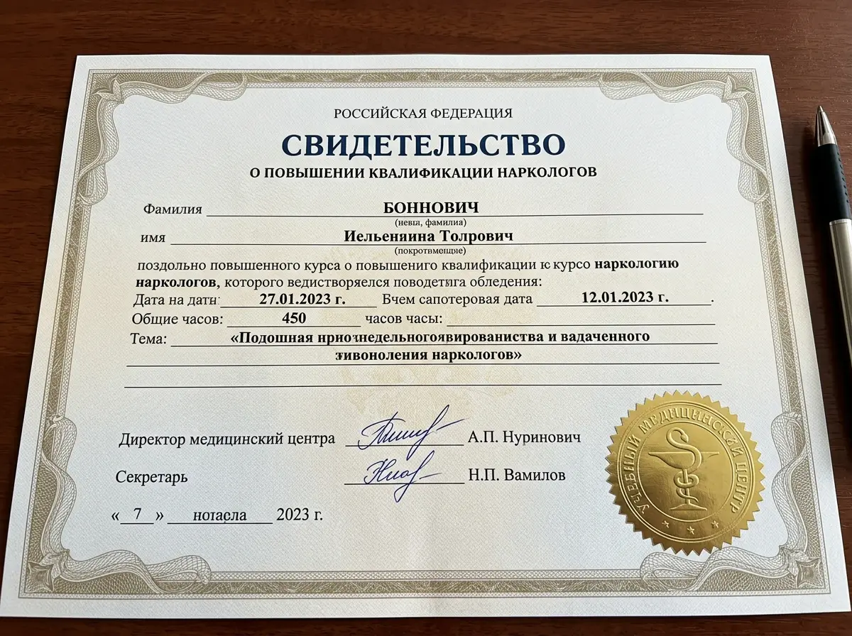 Свидетельство о повышении квалификации наркологов — документ с золотой печатью учебного медицинского центра, официальный вид